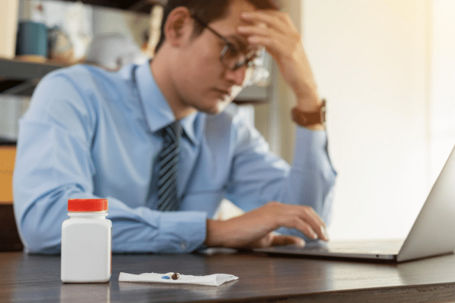 A man in business attire sitting at a desk, holding his head in frustration while working on a laptop, with a pill bottle and medication on a tissue in the foreground.