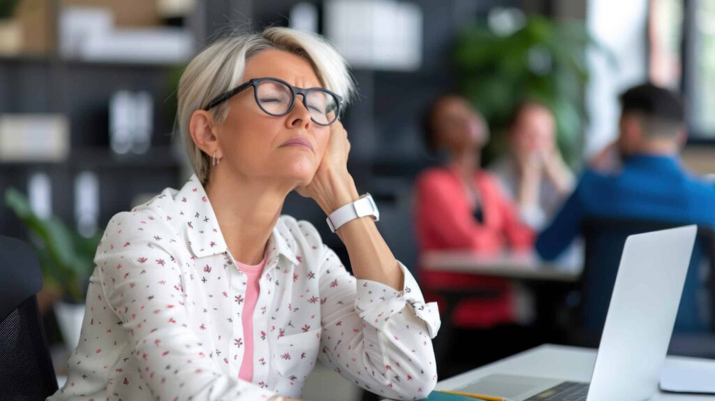 Stressed middle-aged woman with glasses rubbing her neck at an office desk, appearing fatigued or in discomfort near a laptop