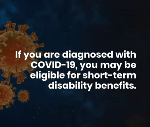 COVID-19 virus cells on dark background with text about short-term disability benefits eligibility for diagnosed individuals