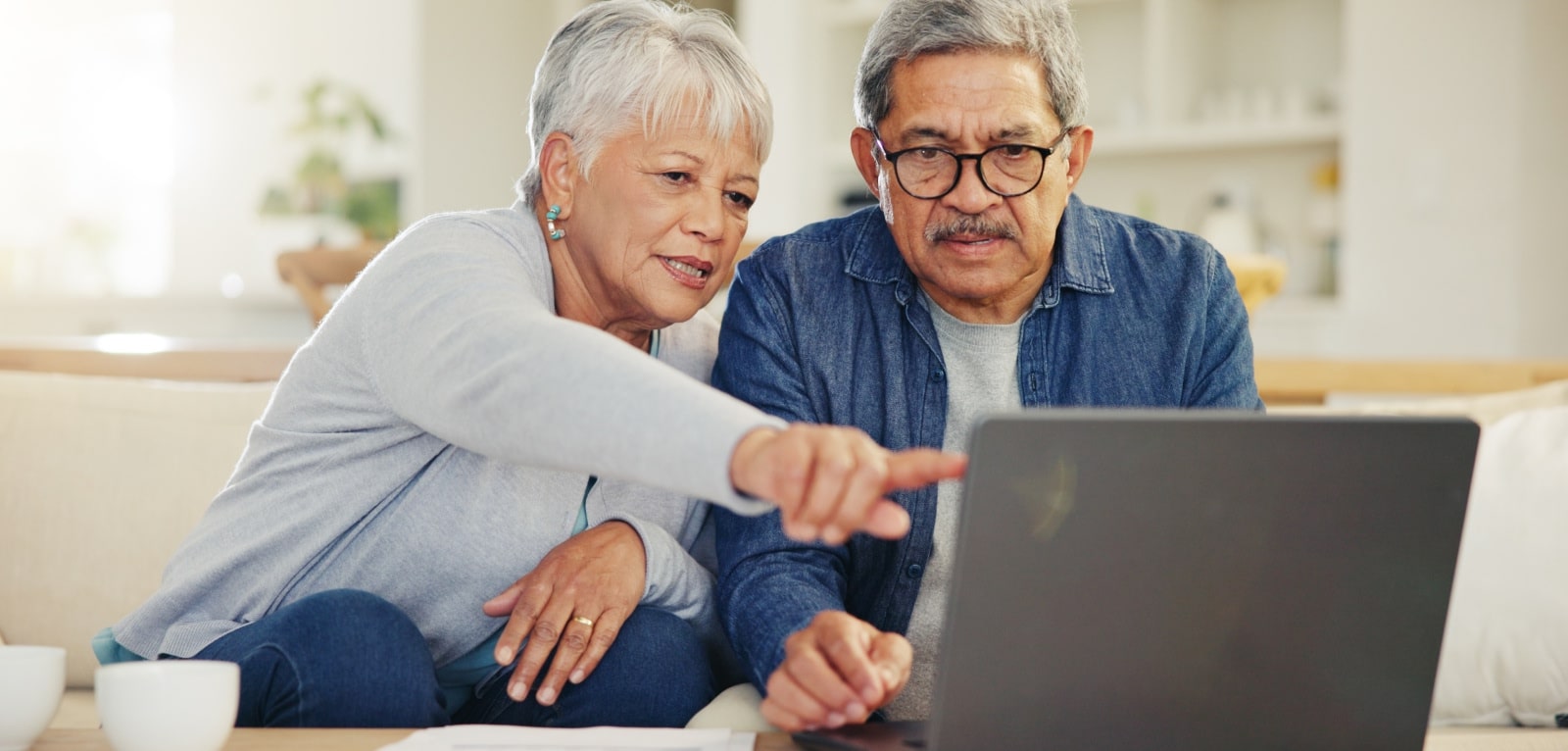 Senior couple reviewing legal information together on a laptop at home, woman pointing at screen with concern