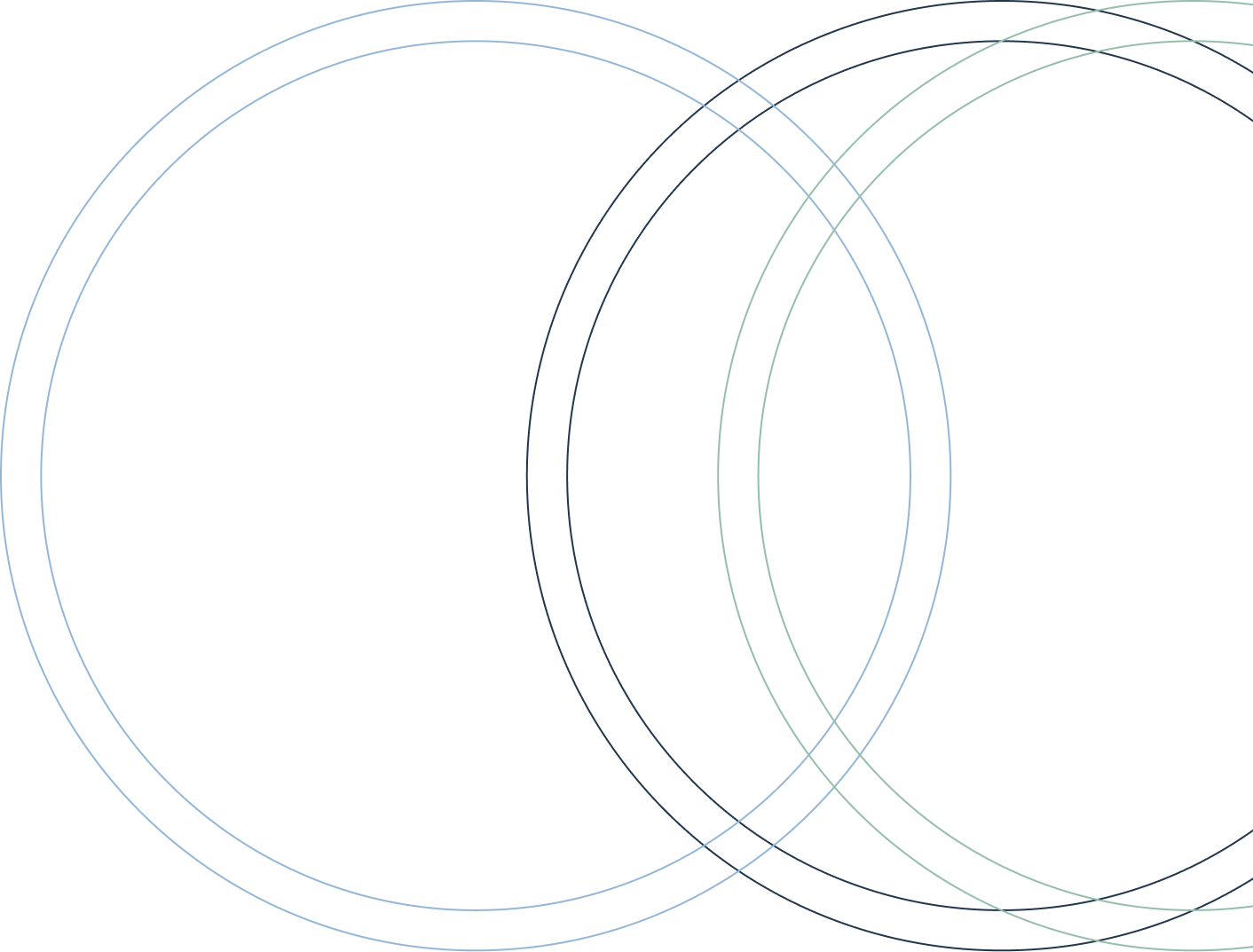 Abstract overlapping circles in blue, navy, and green tones on white background, decorative geometric design element