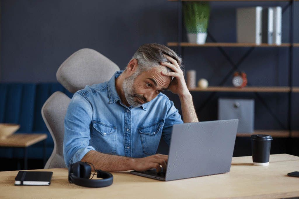 Stressed middle-aged man holding his head while staring at a laptop, sitting at a desk with headphones and coffee nearby