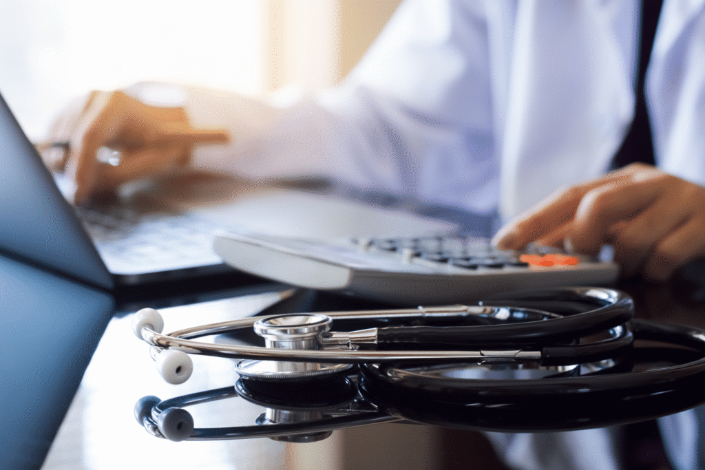 Stethoscope on desk beside a calculator as a medical professional reviews costs on a laptop, representing healthcare expenses