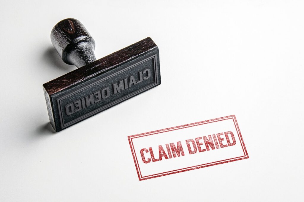 Wooden rubber stamp next to a red "Claim Denied" imprint on white paper, representing an insurance claim rejection