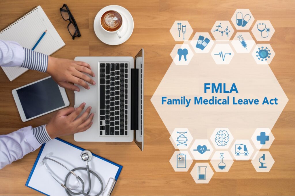 Doctor typing on laptop with stethoscope and clipboard beside FMLA Family Medical Leave Act graphic with medical icons