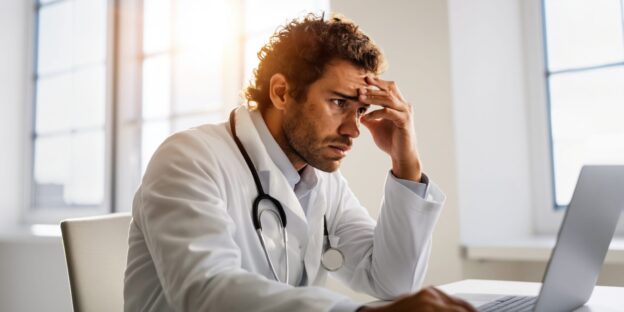 Stressed physician reviewing physician disability insurance claim documents on a laptop